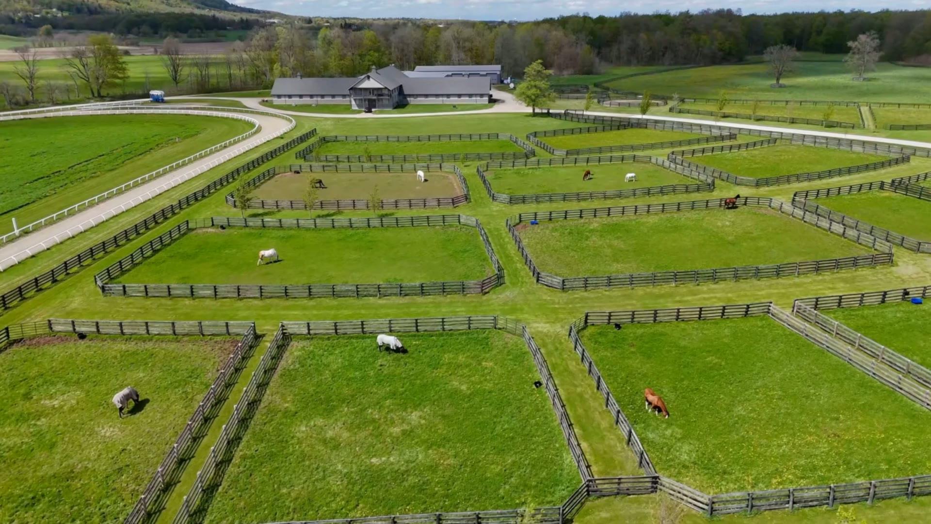 An aerial view of a horse farm, paddocks and barns laid out across green pasture