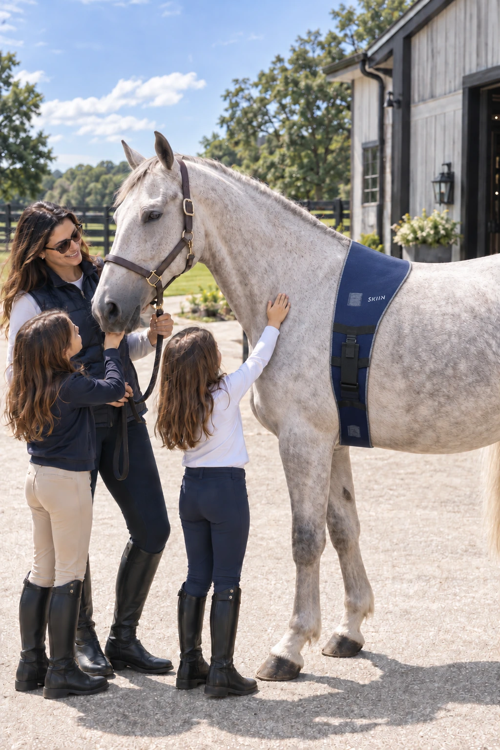 An owner and two children greet their dappled grey horse outside the barn while it wears the SKIIN Equine band