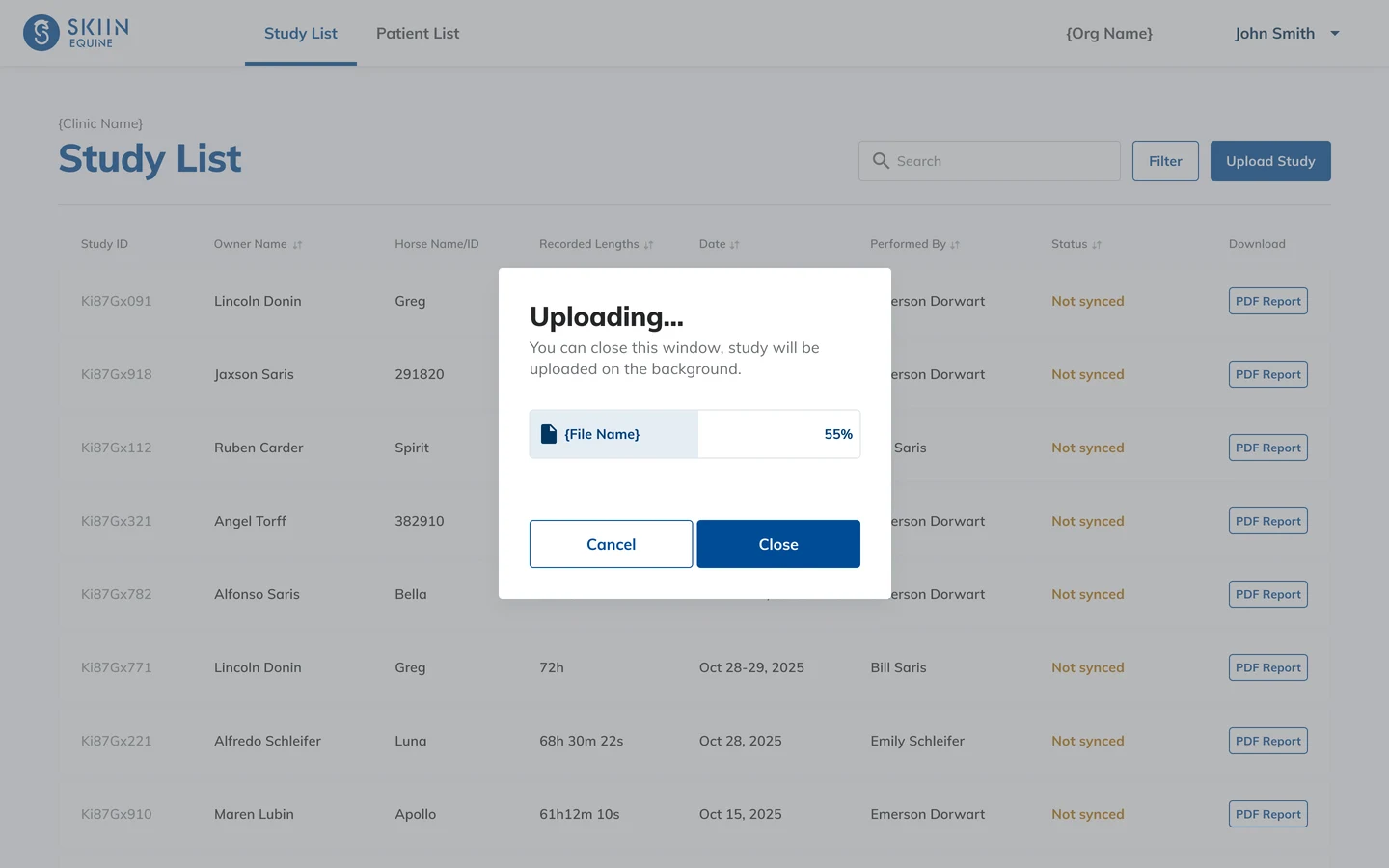 The clinical portal study list, with a study file from the pod uploading to the portal