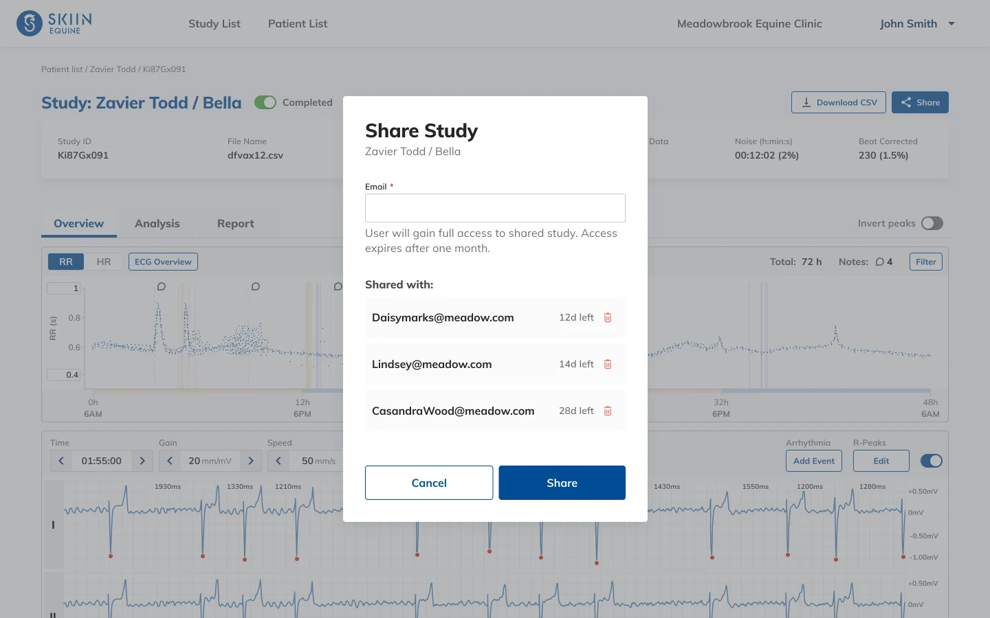 The portal share panel, listing the people a study has been shared with and when each person’s access expires